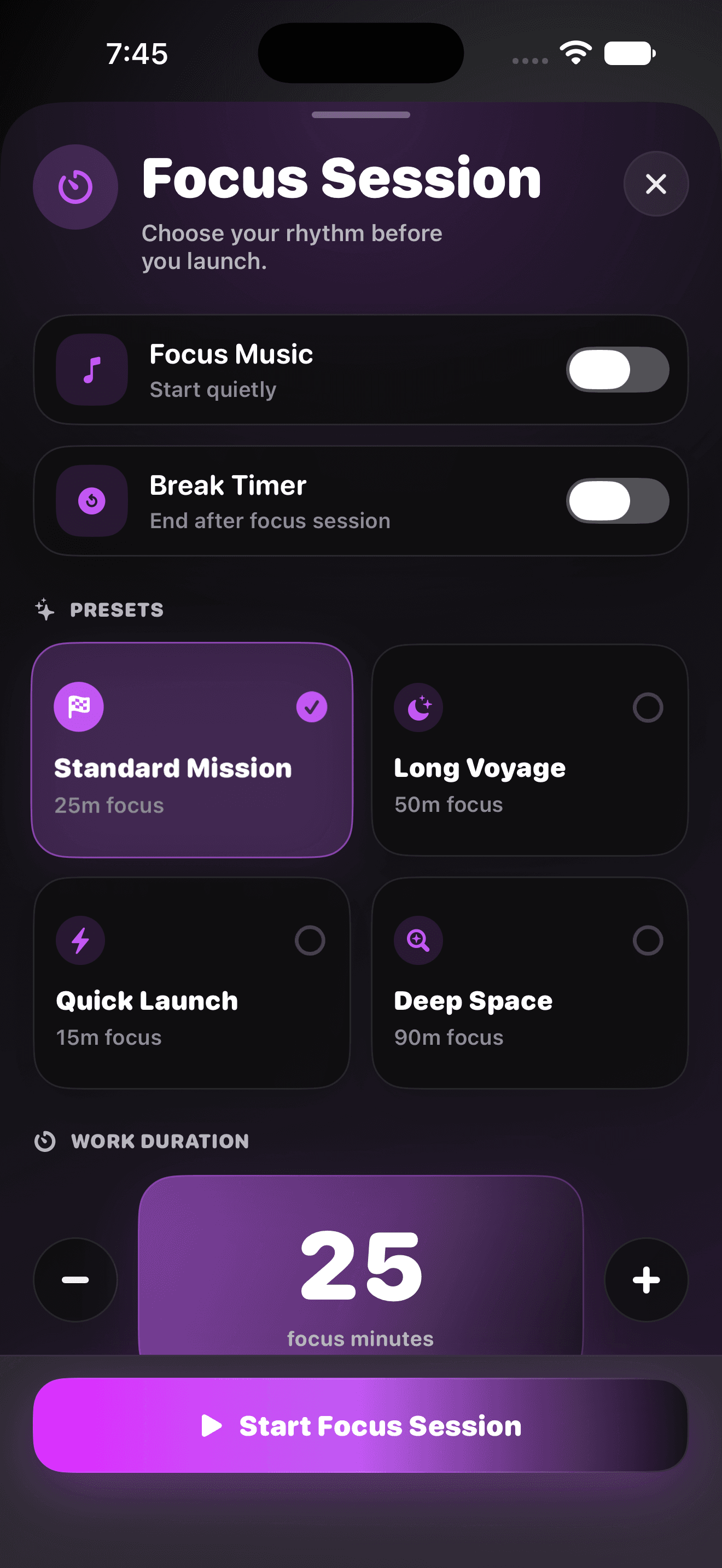 GoaTime focus session on iPhone showing duration presets and optional music and break controls