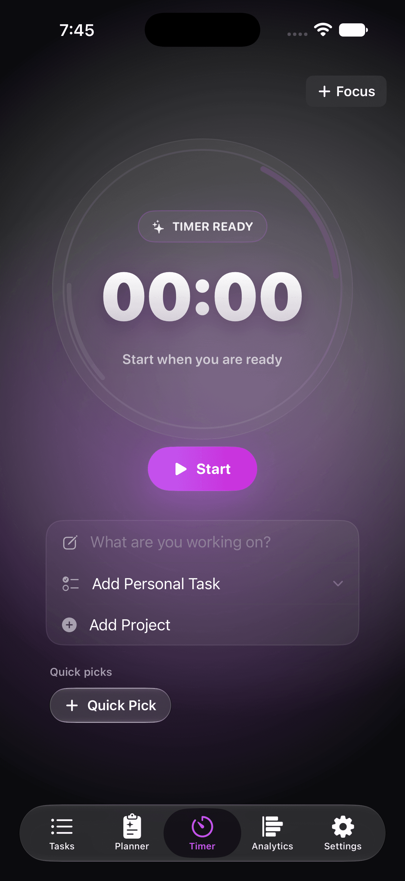 GoaTime work timer on iPhone with task linking and a start timer control